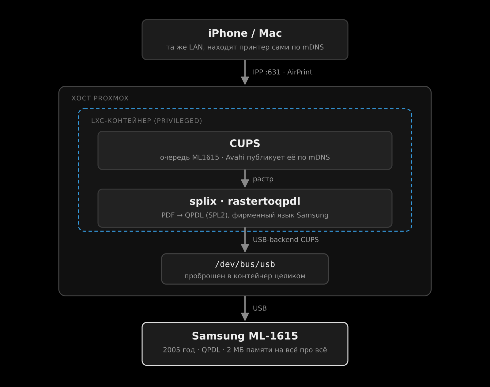 Схема пути задания печати: iPhone и Mac по mDNS и IPP на порт 631, далее CUPS и splix внутри LXC-контейнера на хосте Proxmox, проброшенный /dev/bus/usb и принтер Samsung ML-1615